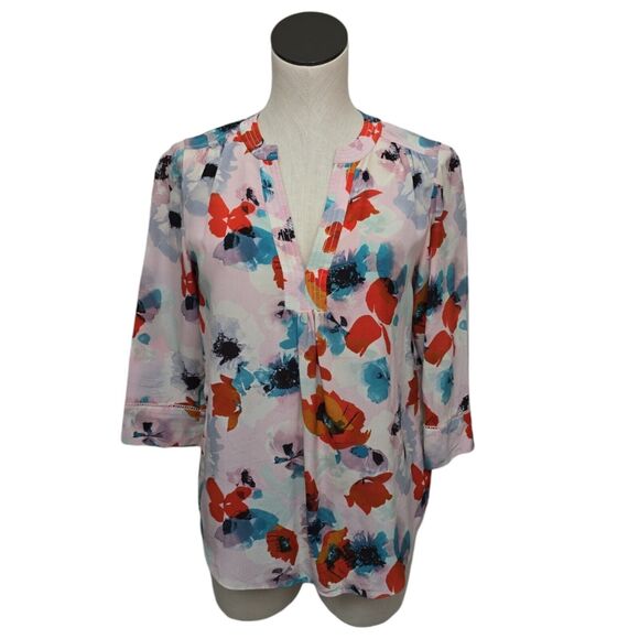 Rebecca Taylor Silk Floral Blouse Top Shirt Women’s Size‎ 4 Pink Poppy Flowers - Picture 1 of 13